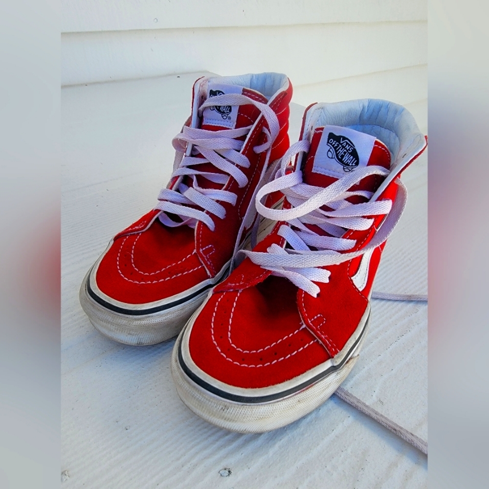 Red suede and canvas Vans high tops size US men 5 or women 6.5